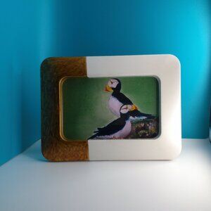 Cute Puffins, 4x6 Art print within a new white/copper color Frame, cliff, ocean